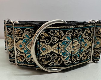 Greyhound whippet  50mm wide martingale dog collar in gold and blue embroidered design