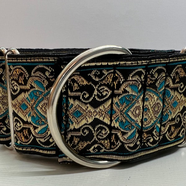 Greyhound whippet  50mm wide martingale dog collar in gold and blue embroidered design