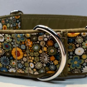 Handcrafted 38mm (1.5”) wide martingale dog collar in SAGE tiny blooms design Greyhound whippet