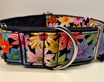 Handcrafted 38mm (1.5 inch) wide martingale dog collar in Daisy gardendesign Greyhound whipp