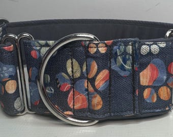 Handcrafted 50mm (2inch) wide martingale dog collar in paws print design whippet greyhound lurcher