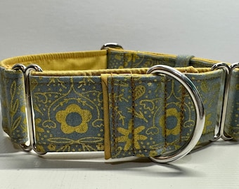 Handcrafted 38mm (1.5”) wide martingale dog collar duck egg blue and gold floral design Greyhound whippet