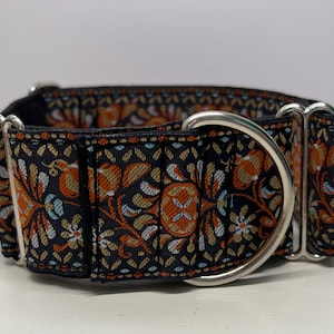 Greyhound whippet 50mm wide martingale dog collar in ORANGE embroidered design