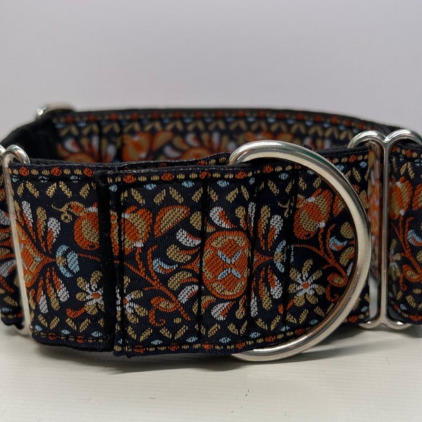 Greyhound whippet 50mm wide martingale dog collar in ORANGE embroidered design