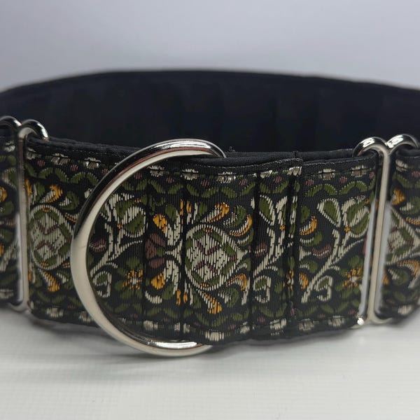 Greyhound whippet 50mm wide martingale dog collar in Hunter Green embroidered design