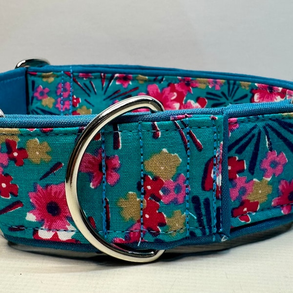 Handcrafted 38mm (1.5”) wide martingale dog collar in turquoise summer flowers design Greyhound whippet