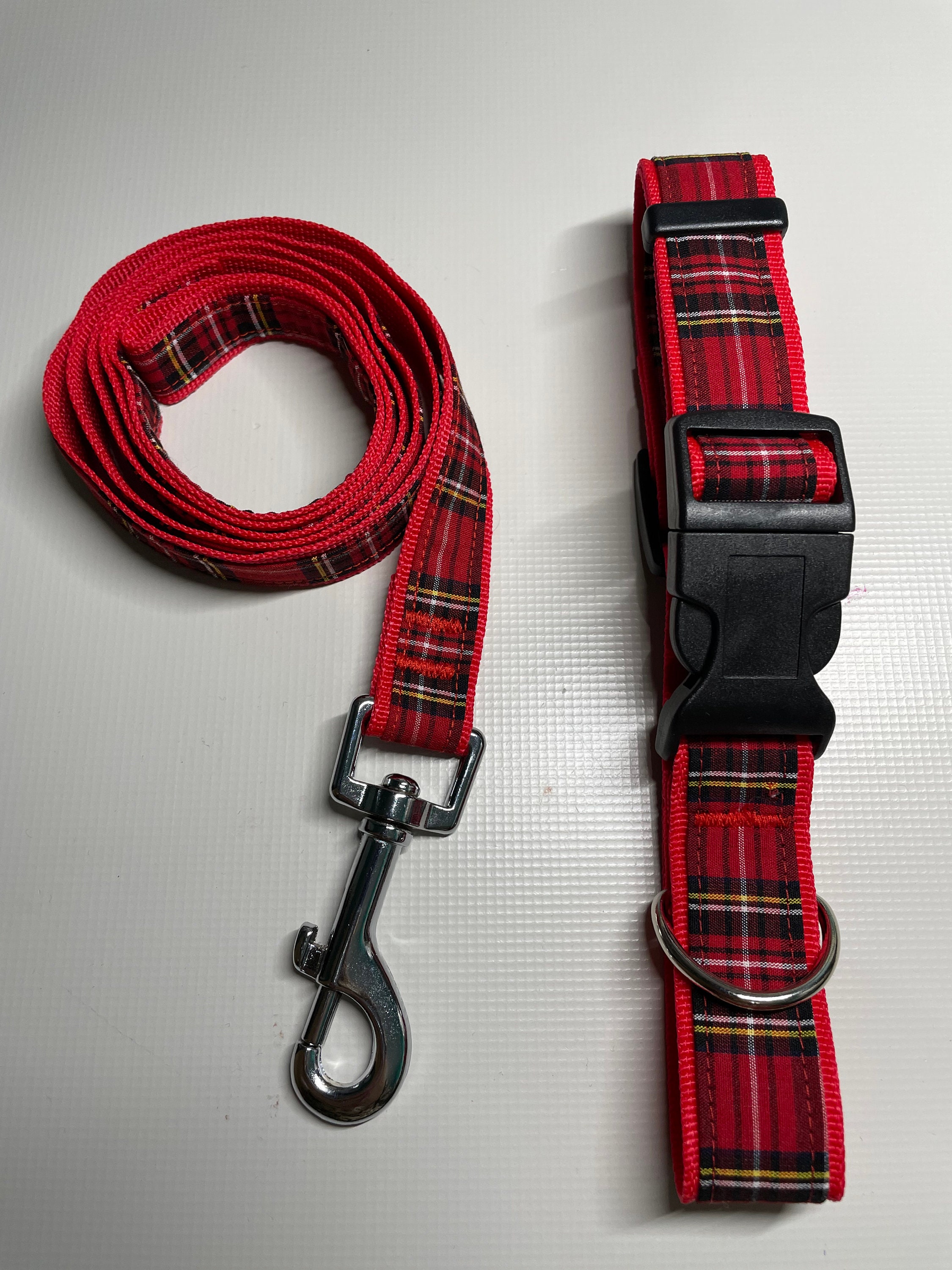 Dog collar and lead set in red tartan design Etsy