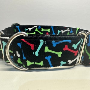 Handcrafted 38mm wide martingale dog collar in colourful BONES Greyhound whipp