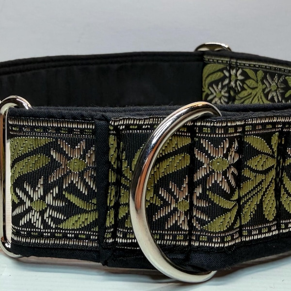 Handcrafted 38mm (1.5”) wide martingale dog collar in olive floral BLACK backing embroidered design Greyhound whippet