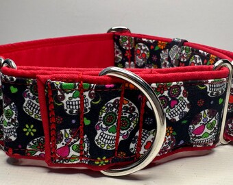 Handcrafted 38mm wide martingale dog collar in sugar skull Greyhound whipp