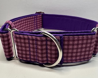 Handcrafted 38mm wide martingale dog collar in purples check design