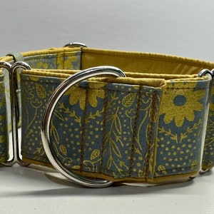 Handcrafted 50mm (2inch) wide martingale dog collar in duck egg blue and gold metallic floral design whippet greyhound lurcher