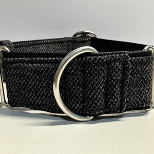 Handcrafted 38mm (1.5 inch) wide  martingale dog collar in black tweed design Greyhound whippet
