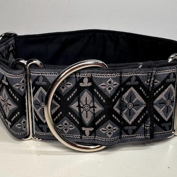 Greyhound whippet 50mm wide martingale dog collar black and grey ethnic embroidered design