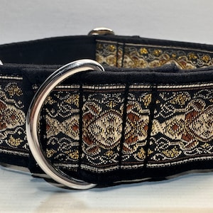 Handcrafted 38mm wide martingale dog collar gold and bronze embroidered print design Greyhound whippet