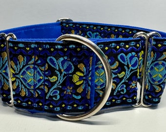 Greyhound whippet 50mm wide martingale dog collar in BLUE embroidered design