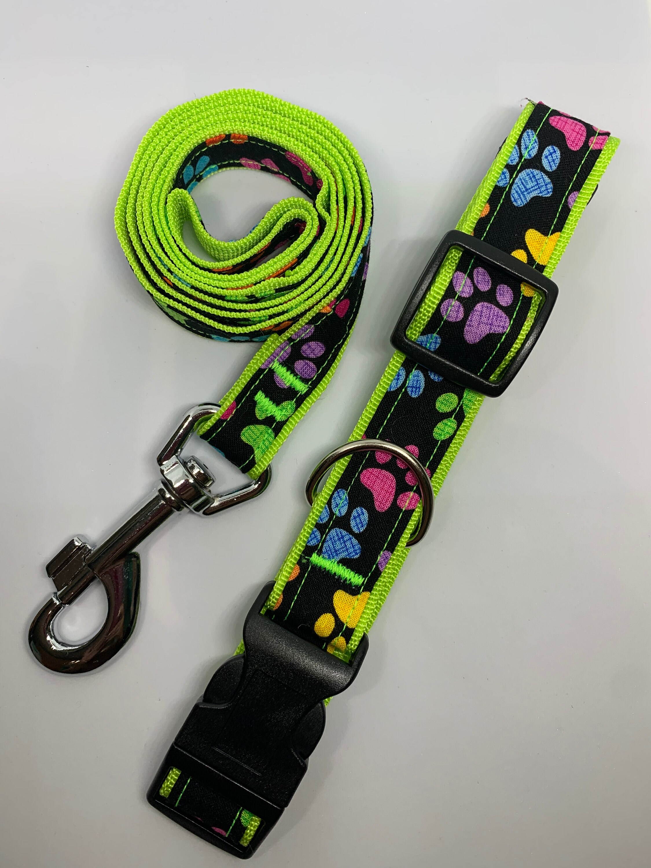 Adjustable dog collar and lead set in rainbow paws design Etsy