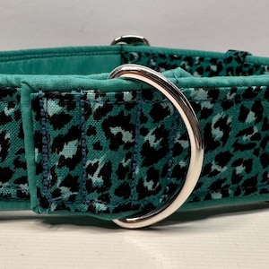 Handcrafted 38mm (1.5 inch) wide martingale dog collar in TURQUOISE animal print design Greyhound whipp