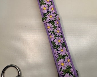 Dog collar half check choke chain in lilac daisies design with  stainless steel chain