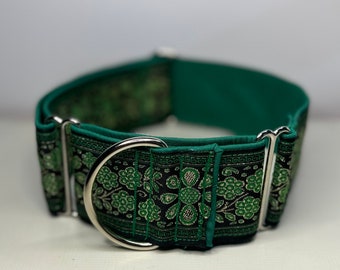 Greyhound whippet 50mm wide (2 inches) martingale dog collar in GREEN embroidered design