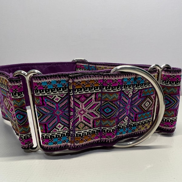 Greyhound whippet  50mm wide martingale dog collar in PURPLE artisan embroidered design