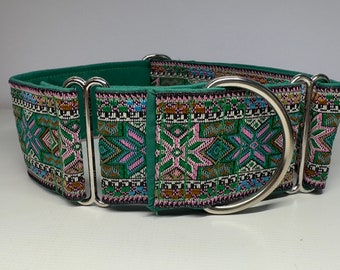 Greyhound whippet  50mm wide martingale dog collar in GREEN artisan embroidered design