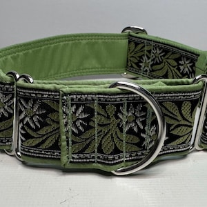 Handcrafted 38mm (1.5”) wide martingale dog collar in olive floral embroidered design Greyhound whippet