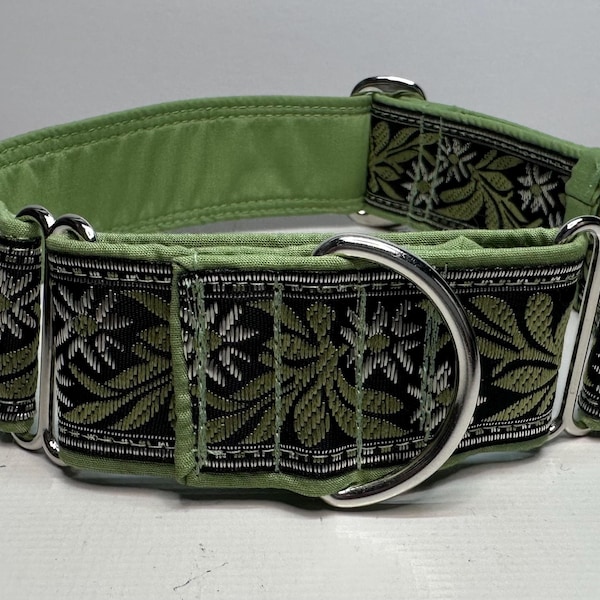 Handcrafted 38mm (1.5”) wide martingale dog collar in olive floral embroidered design Greyhound whippet