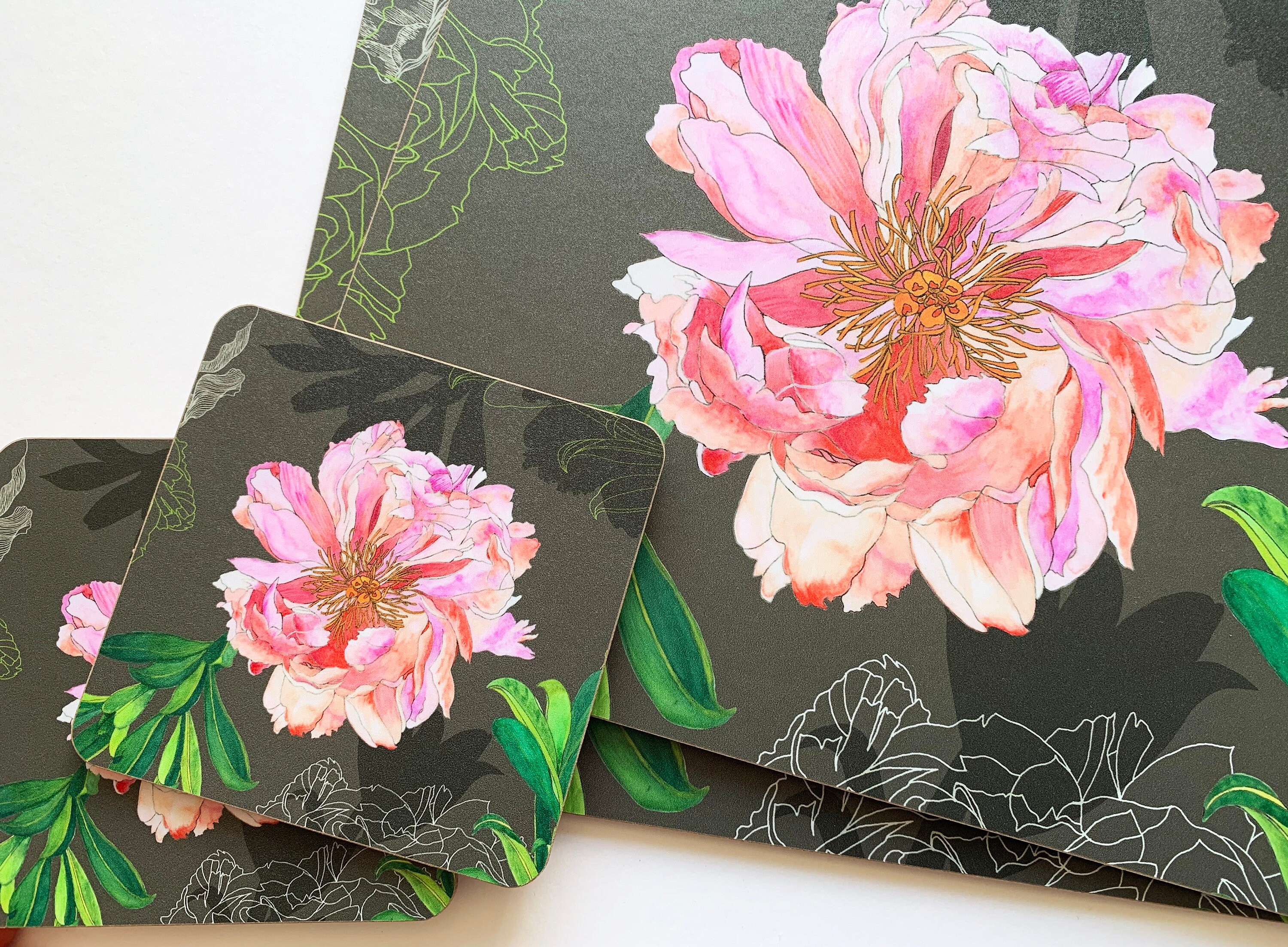 Luxury Peony Placemats Set of Four, Floral Placemats, Cork Back