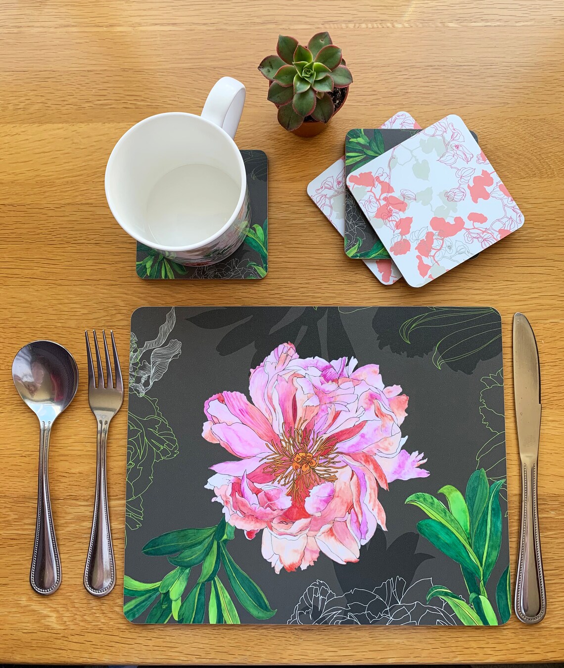 Luxury Peony Placemats Set of Four, Floral Placemats, Cork Back