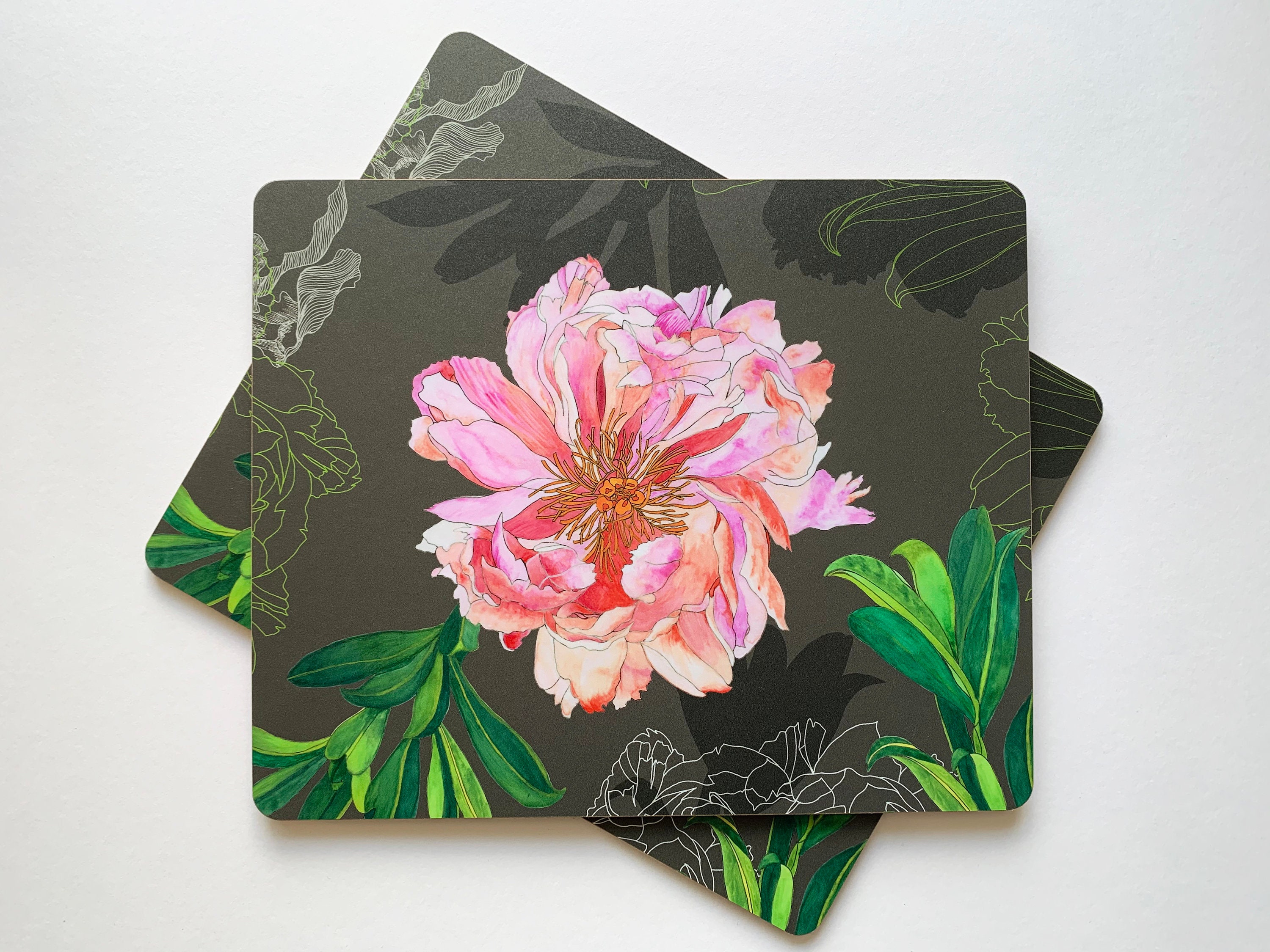 Luxury Peony Placemats Set of Four, Floral Placemats, Cork Back Placemats, Nonslip Botanical