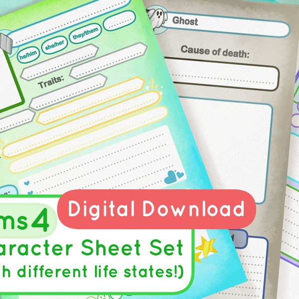 Sims Character Sheet Digital Download - Ready to Print - Inspired by the Sims 4 - with Childhood and Occults!