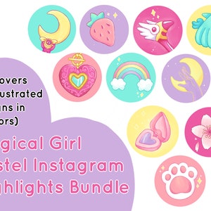 Lindas portadas inspiradas en la chica mágica pastel - Kawaii Instagram Story Highlights Iconos: amarillo, azul, púrpura, rosa y magenta