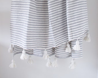 Grey White Stripe Moroccan Pom Pom Blanket Throw Cotton Boho Scandi Cosy