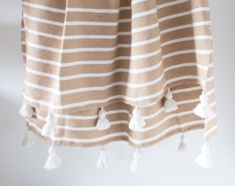 Natural Tan White Wide Stripe Moroccan Pom Pom Blanket Throw Cotton Boho Scandi