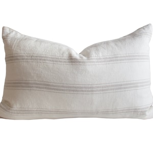 Neutral Linen Stripe Cushion Cover, White Grey Natural Decorative Pillow, Modern Farmhouse Scatter Cushion | ELSA