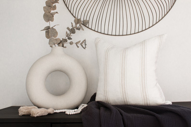 White Natural Linen Stripe Farmhouse Square Decorative Pillow Cushion Cover 40x40cm