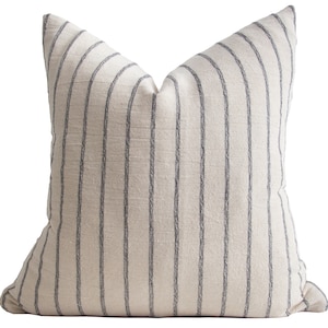 Hmong Beige Blue Stripe Cushion Cover, Natural Coastal Cotton Linen Decorative Cushion, Modern Farmhouse Pillow Cover | MIRA