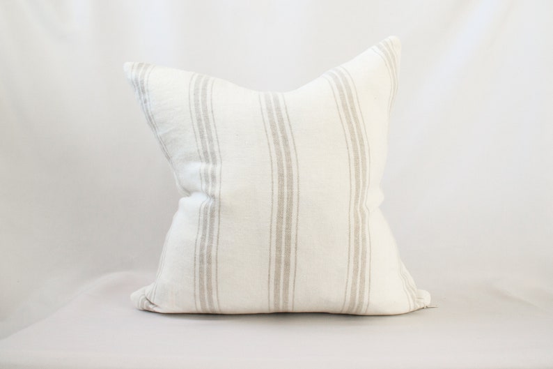 White Natural Linen Stripe Farmhouse Square Decorative Pillow Cushion Cover 40x40cm
