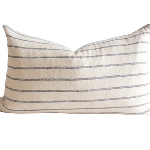 Hmong Beige Blue Stripe Cushion Cover, Natural Coastal Cotton Linen Decorative Cushion, Modern Farmhouse Pillow Cover MIRA 50x30cm