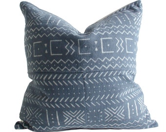 LESS THAN PERFECT African Mud Cloth Cushion Pillow Cover in Blue/Grey with Boho Geometric Print