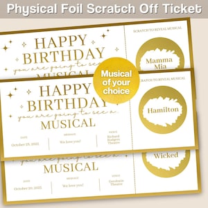 Folie Physische Horizontale Kratzer Off Off Broadway Musical Ticket, benutzerdefinierte personalisierte Geburtstagskarte Artikel für Andenken oder Überraschungsgeschenk FF35