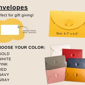 以下が含まれることがあります： 金、白、ピンク、赤、ネイビー、グレーのカラフルな封筒のセレクション。画像には、ハート型の留め具が付いた黄色の封筒が表示され、サイズは10.9 cm x 17.3 cmです。「封筒」と「色を選択してください」というテキストと色のリストがあります。