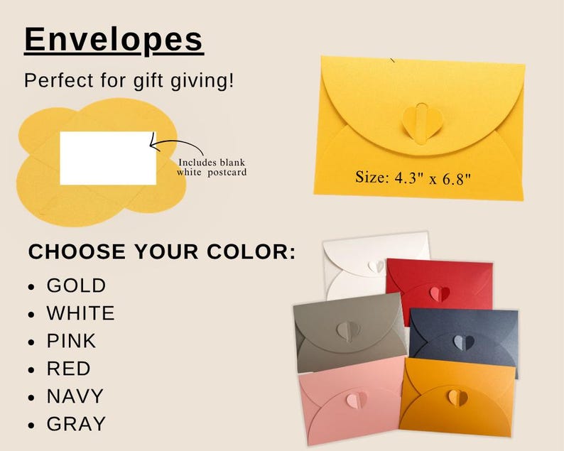 以下が含まれることがあります： 金、白、ピンク、赤、ネイビー、グレーのカラフルな封筒のセレクション。画像には、ハート型の留め具が付いた黄色の封筒が表示され、サイズは10.9 cm x 17.3 cmです。「封筒」と「色を選択してください」というテキストと色のリストがあります。