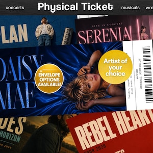May include: A rectangular concert ticket featuring a blue satin background with a portrait of a person, white text reading DAISY MAE, and two yellow circular overlays stating ENVELOPE OPTIONS AVAILABLE and Artist of your choice, with a barcode.