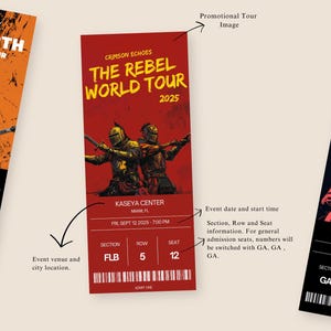 May include: Concert tickets with a red and black color scheme. The tickets feature event details, including the band name, tour name, venue, date, and time. The tickets also include section, row, and seat information.
