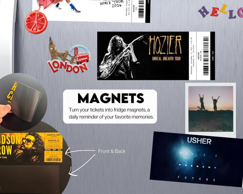 以下が含まれることがあります： グレーの表面に、ロンドンをテーマにしたマグネット、コンサートチケットのマグネット、写真のマグネットなど、さまざまなマグネットが並んでいます。「MAGNETS」という文字が白い長方形で表示されています。「チケットを冷蔵庫マグネットに変えて、お気に入りの思い出を毎日思い出しましょう」というテキストも表示されています。