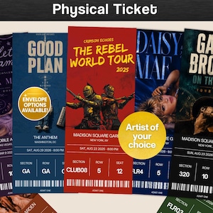 May include: A collection of five rectangular concert tickets featuring various designs, including Violet Dreams, Good Plan, The Rebel World Tour 2025, Daisy Mae, and Gavin Brooks On The Edge Tour 2025. Each ticket displays venue, date, time, section, row, and seat.