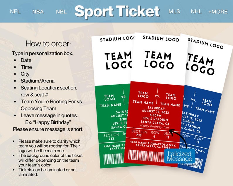 以下が含まれることがあります： 白を背景にカラフルなアクセントを施した、カスタマイズ可能なスポーツチケットのデザイン。チケットにはチームロゴ、試合の詳細、パーソナライズされたメッセージ用のスペースがあります。画像には、チケットの注文とカスタマイズ方法に関する説明が含まれています。