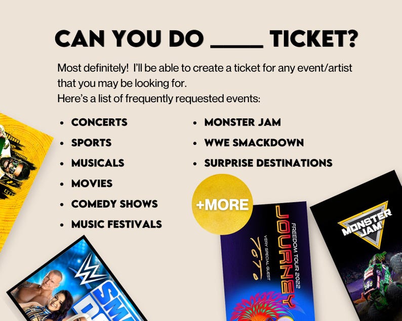 以下が含まれることがあります： 「CAN YOU DO TICKET?」というテキストと、コンサート、スポーツ、ミュージカル、映画、コメディショー、音楽フェスティバルなどのイベントリストが掲載されたプロモーション画像。いくつかのイベントチケットが表示されています。